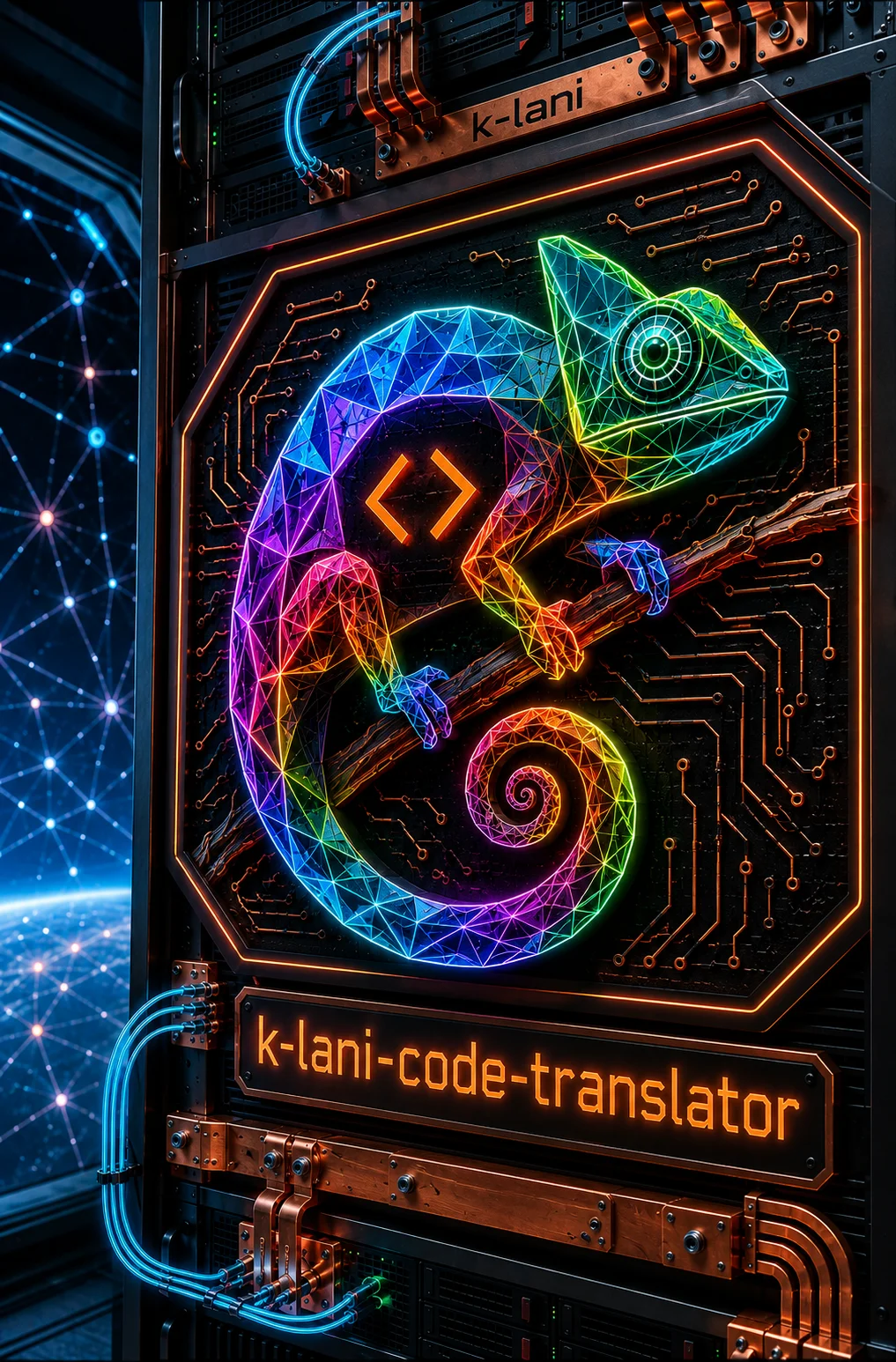 A neon polygonal chameleon mounted in a futuristic server rack