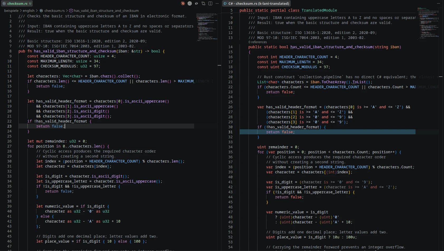 Rust source beside its C# reading aid