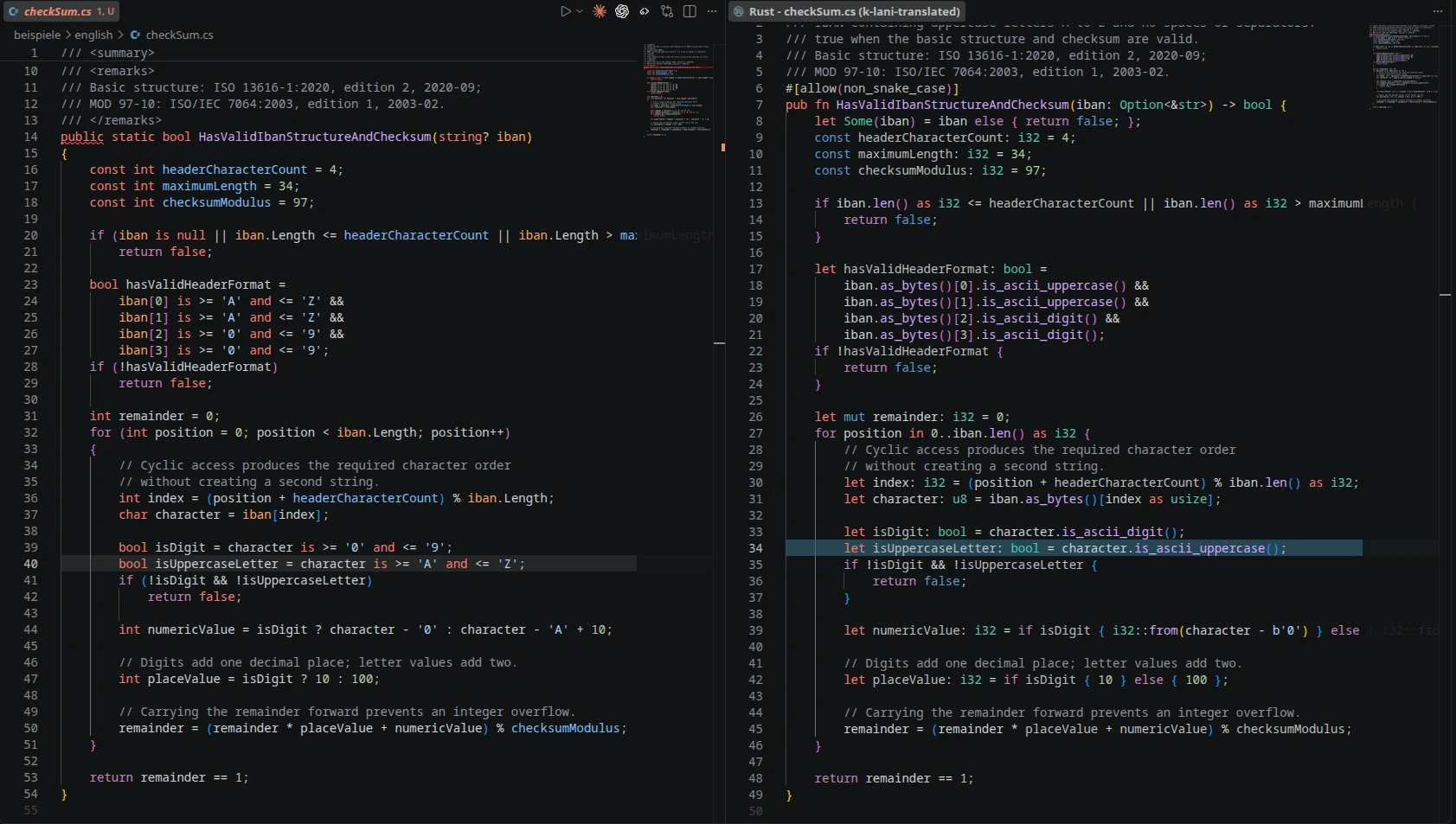 C# source beside its Rust reading aid